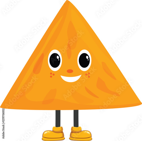 Cartoon nachos character wearing yellow boots, smiling and ready for a party, isolated on white background