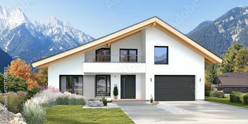 modern luxury villa with sleek glass architecture, vibrant landscaping, and breathtaking panoramic lake and mountain views under a bright blue sky