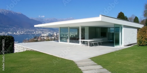 modern luxury villa with sleek glass architecture, vibrant landscaping, and breathtaking panoramic lake and mountain views under a bright blue sky