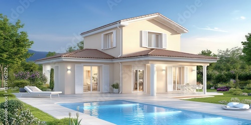 modern luxury villa with sleek glass architecture, vibrant landscaping, and breathtaking panoramic lake and mountain views under a bright blue sky