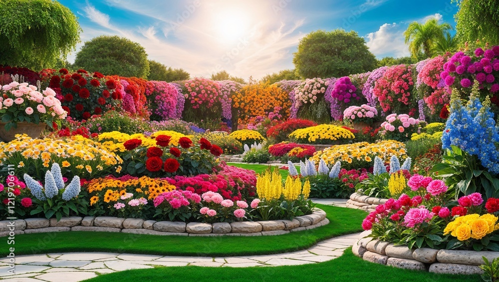 Obraz premium Vibrant garden design featuring diverse flowers and pathways under a bright sunny sky