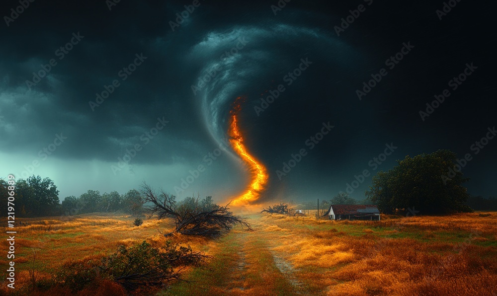 Fototapeta premium Fiery tornado approaches desolate farmhouse.