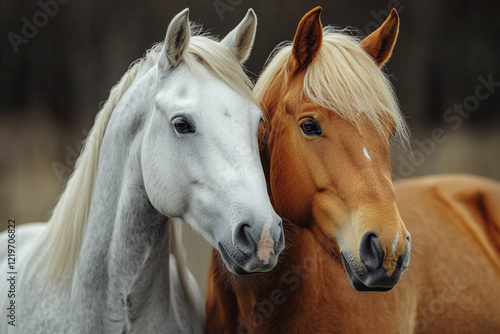 Two horses stand close together displaying their coats
