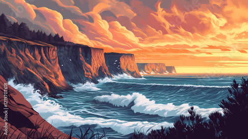 Dramatic sunset over rugged coastal cliffs with crashing waves; natural rock formations and ocean vista. Wild Cliffs. Illustration