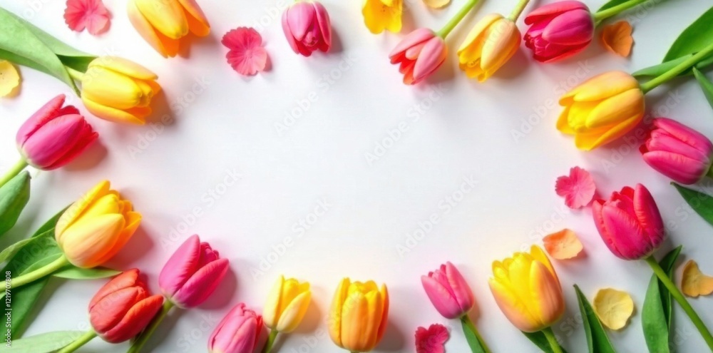 Colorful tulips scattered on a soft white background, spring, petals, paper Colorful tulips scattered on a soft white background, spring, petals, paper