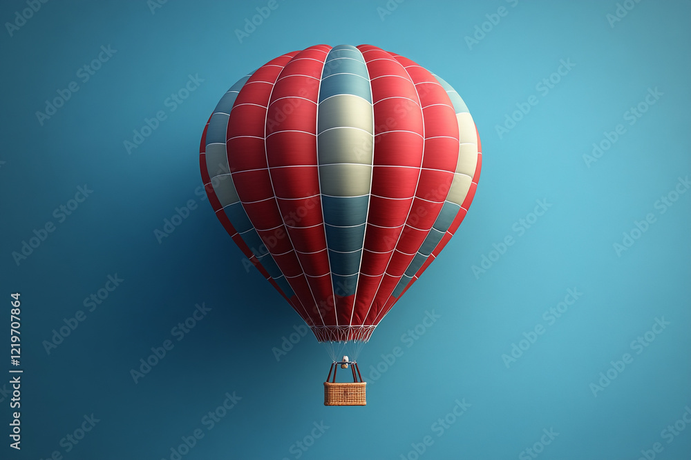Fototapeta premium A red and blue hot air balloon floats against a blue sky