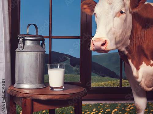 Kuh vor Fenster mit Milchkanne und Glas frischer Milch - KI generiert photo