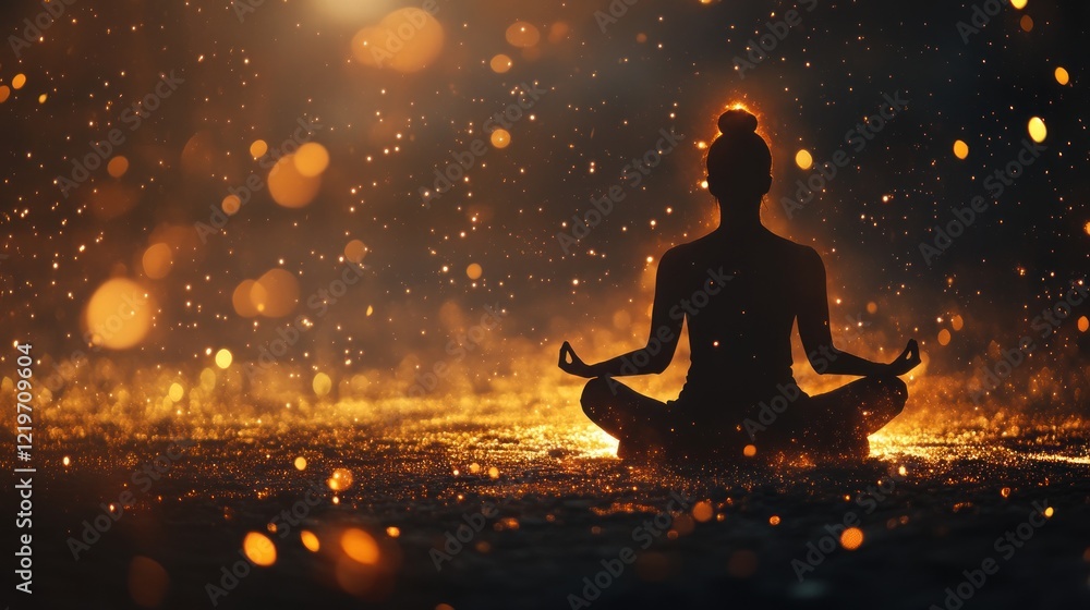 Enlightenment: A Woman Meditates in a Mystical Golden Glow Enlightenment: A Woman Meditates in a Mystical Golden Glow