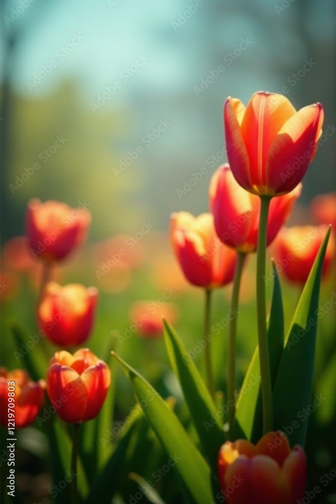 Fototapeta premium Colorful tulips swaying gently in the spring breeze, Nature, Blooms, Breeze