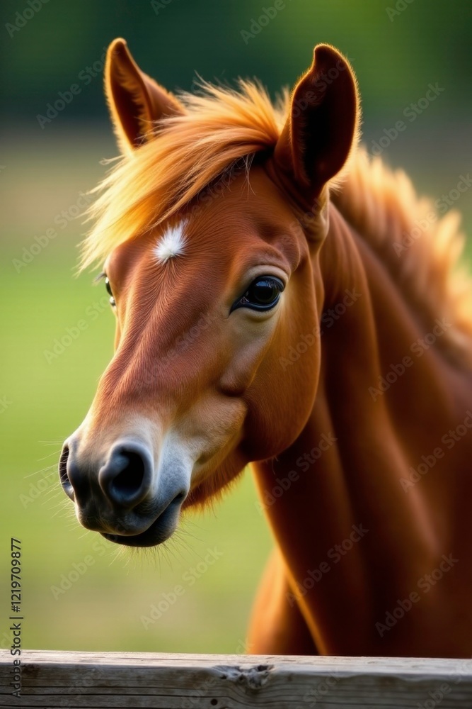 Fototapeta premium Little red pony looking out from behind wooden post, stable, little