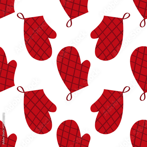 A cute hand drawn seamless pattern with cute red potholder. Doodle kitchen utensils print.