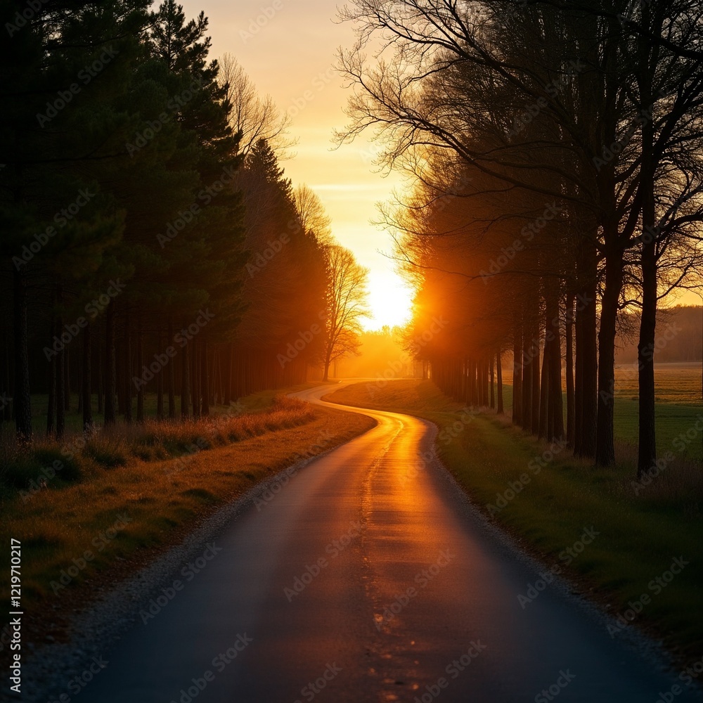 Obraz premium Winding country road at sunrise, tranquil landscape with golden light
