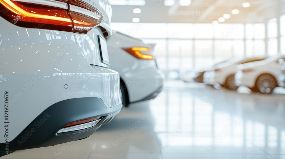Obraz premium Modern car dealership showroom interior. Parked cars. New vehicles. Showroom space. Leasing, insurance opportunities. Pro business environment. Car display. Contemporary design. Automobile inventory.