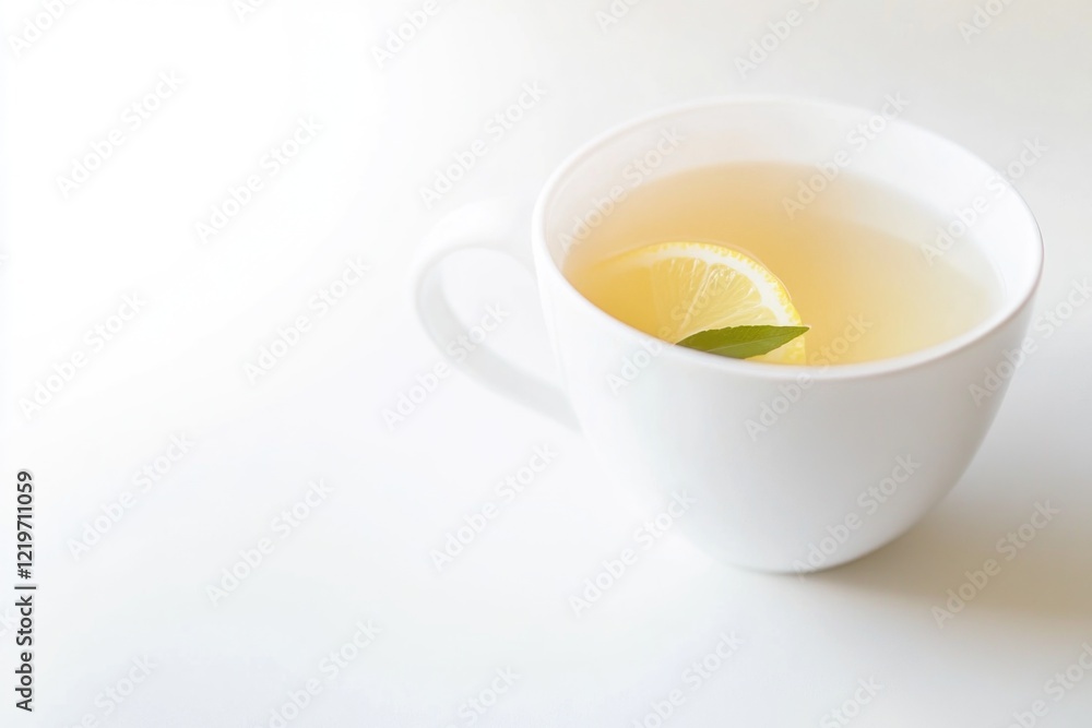 A warm cup of tea with a slice of lemon served inside A warm cup of tea with a slice of lemon served inside