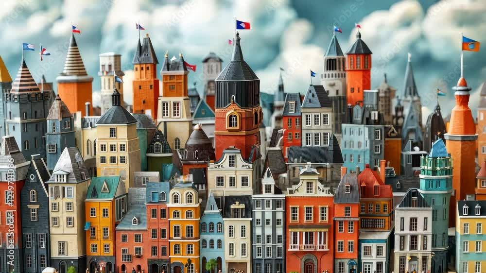 Colorful miniature cityscape with moving clouds and flags in vibrant detail Colorful miniature cityscape with moving clouds and flags in vibrant detail