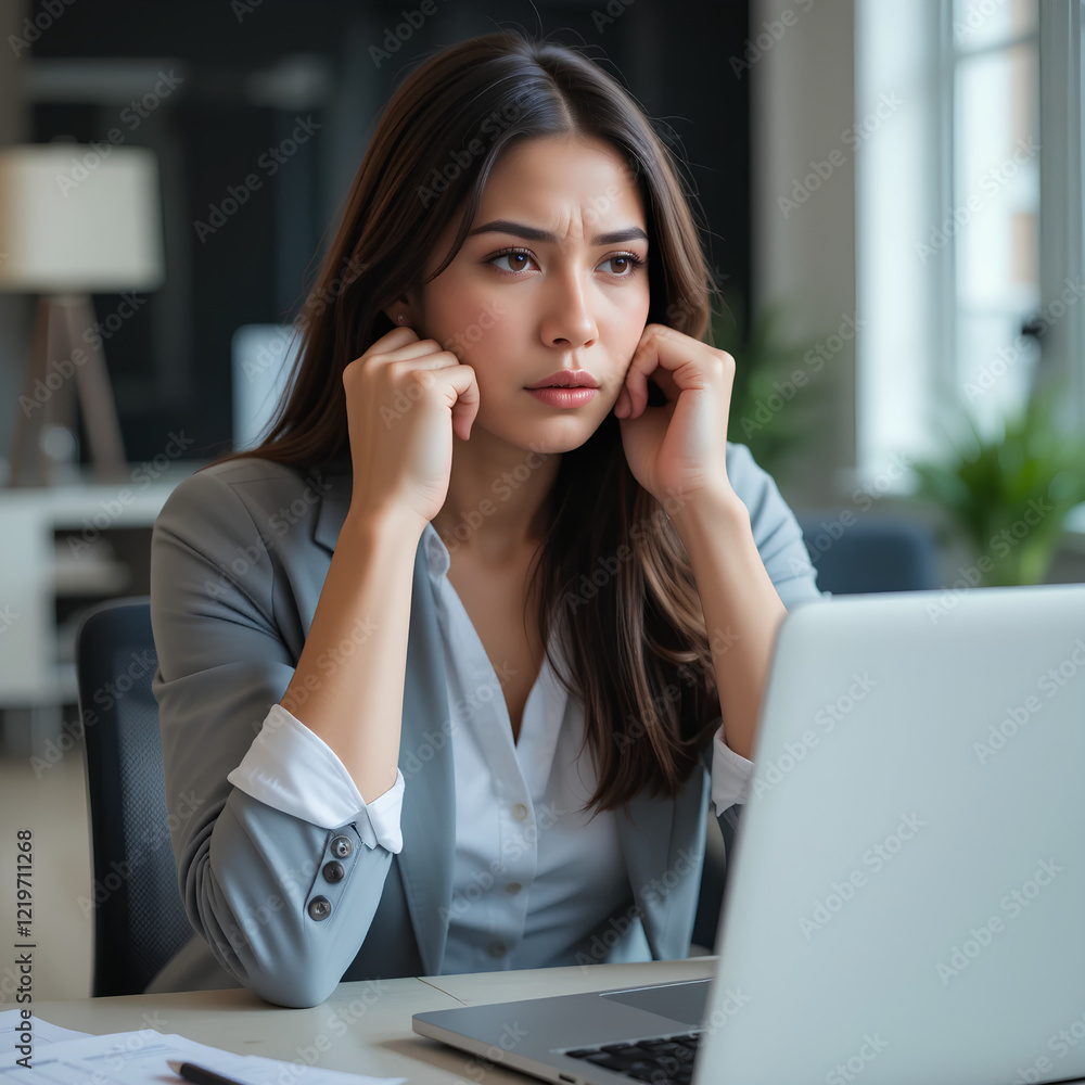 A Hispanic female professional who sits at her desk looking at her laptop screen and frown. A Hispanic female professional who sits at her desk looking at her laptop screen and frown.