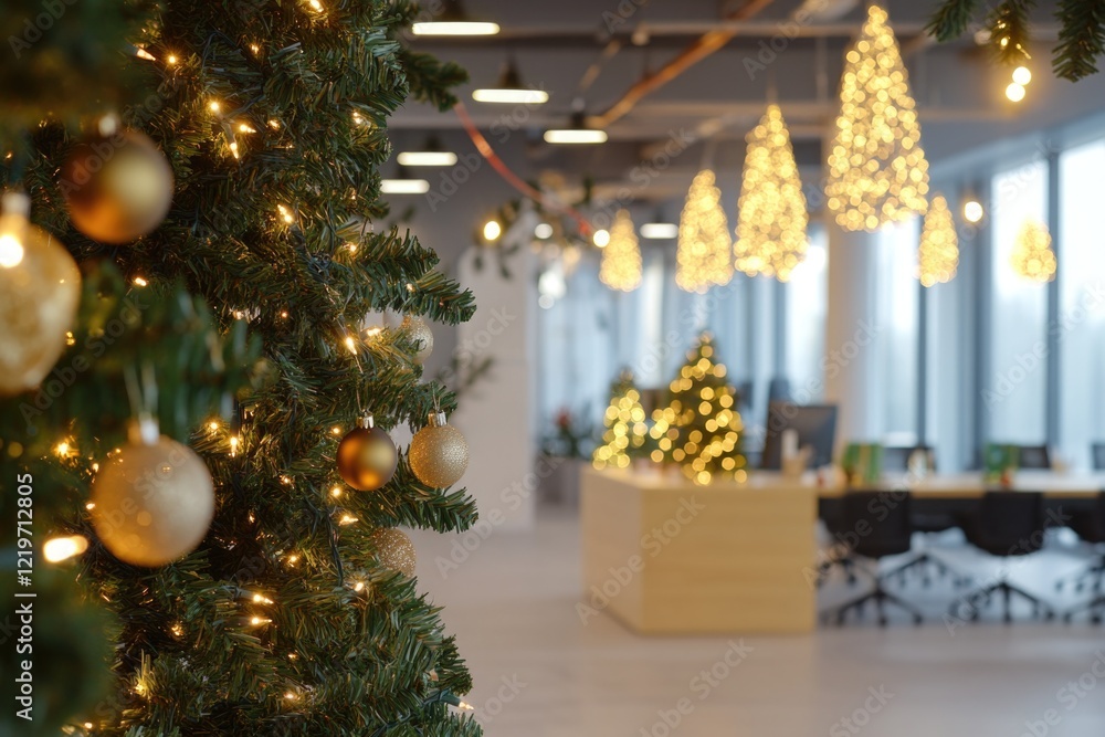 A festive Christmas tree decorated with lights and ornaments in a modern office setting, suitable for corporate or professional holiday celebrations A festive Christmas tree decorated with lights and ornaments in a modern office setting, suitable for corporate or professional holiday celebrations