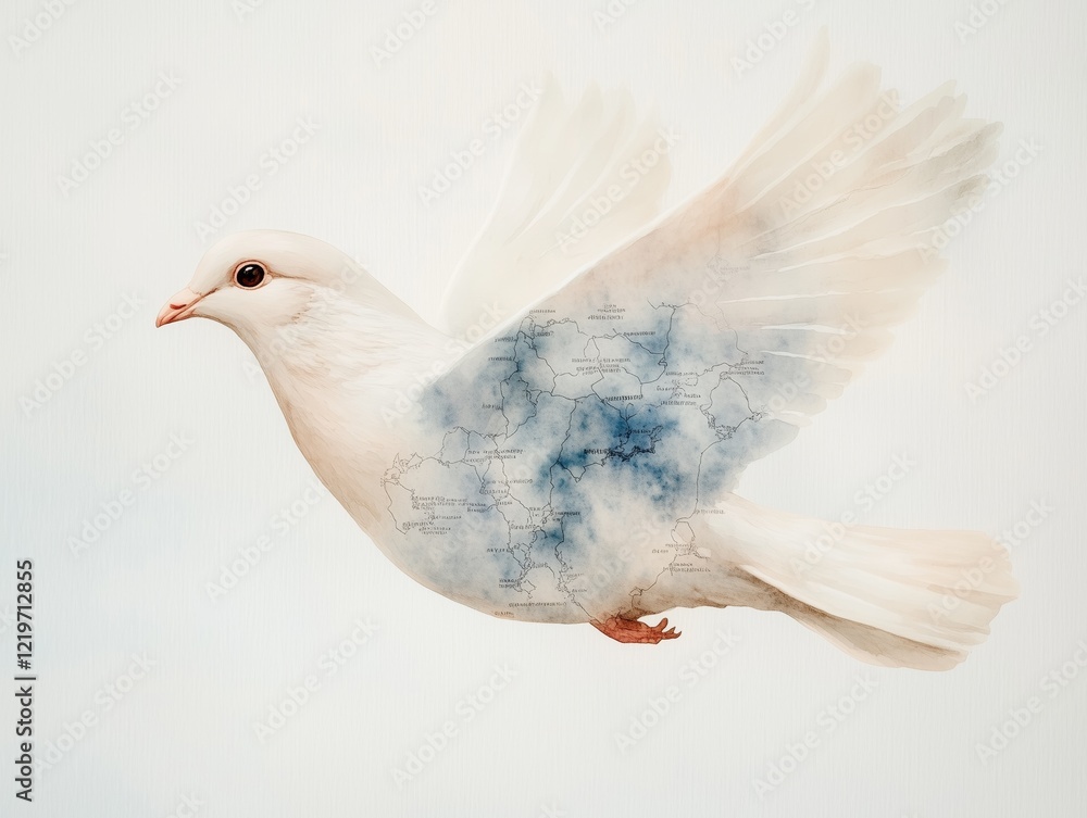 Peaceful dove in flight with world map overlay art Peaceful dove in flight with world map overlay art