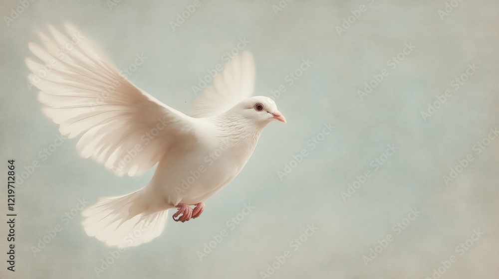 Fototapeta premium Graceful white dove in flight against a soft blue background
