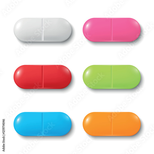 Vector Colorful Capsules Illustration. Medical Pill Set, Capsule Design for Medicine, Healthcare, Pills. Capsules in Vibrant Colors Red, White, Pink, Green, Blue, Yellow. Pharmaceutical Concept
