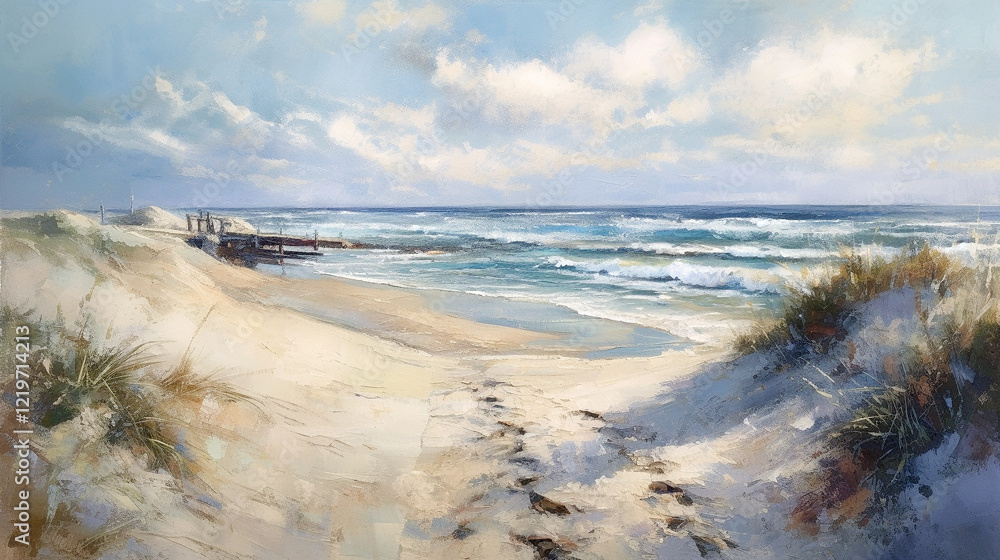 impressionism oil painting with thick impasto brush strokes of waves on a sandy beautiful beach with puffy clouds. using muted browns, blues, and white. impressionism oil painting with thick impasto brush strokes of waves on a sandy beautiful beach with puffy clouds. using muted browns, blues, and white.