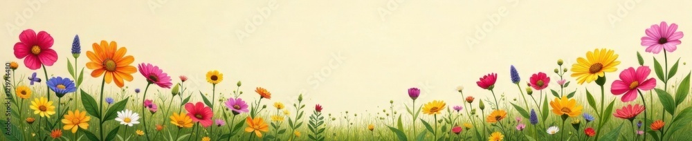 Colorful wildflowers scattered on beige canvas, background, field Colorful wildflowers scattered on beige canvas, background, field