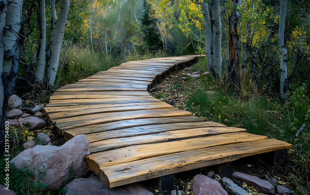 Rustic wooden pathway meandering through an enchanting forest, blending nature with tranquility Rustic wooden pathway meandering through an enchanting forest, blending nature with tranquility