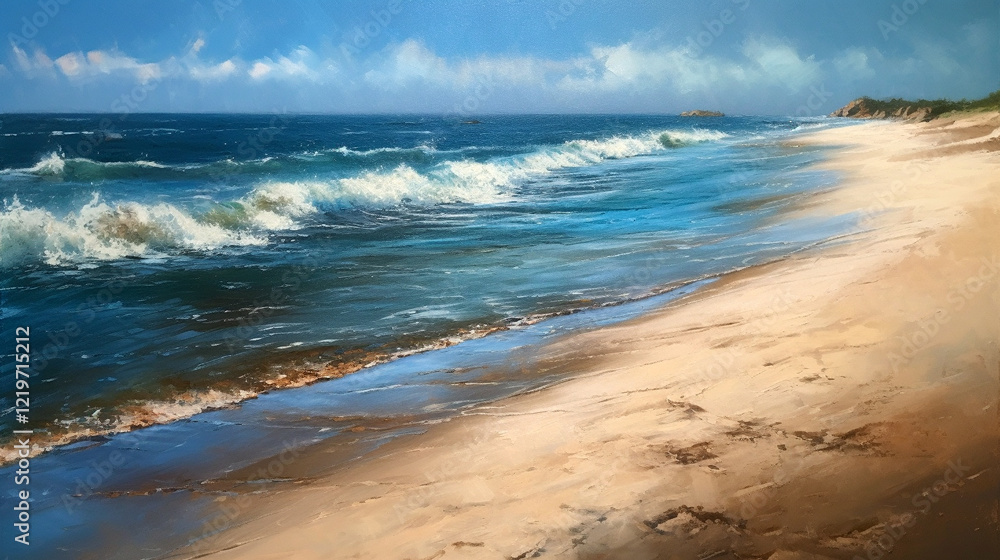 impressionism oil painting with thick impasto brush strokes of waves on a sandy beautiful beach with puffy clouds. using muted browns, blues, and white. impressionism oil painting with thick impasto brush strokes of waves on a sandy beautiful beach with puffy clouds. using muted browns, blues, and white.