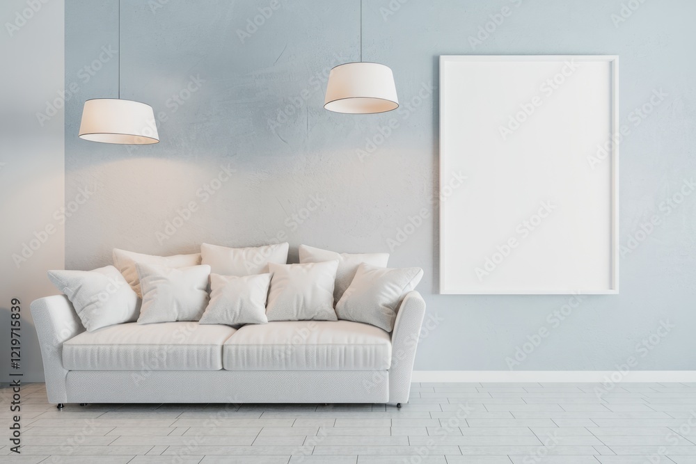 Fototapeta premium White sofa with pillows in a minimalist living room with two pendant lights and a framed canvas.