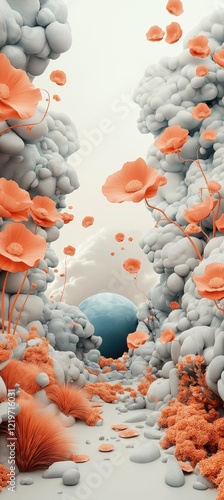Surreal dreamscape with floating coral poppies and abstract cloud formations leading to a mystical blue orb under soft diffused light