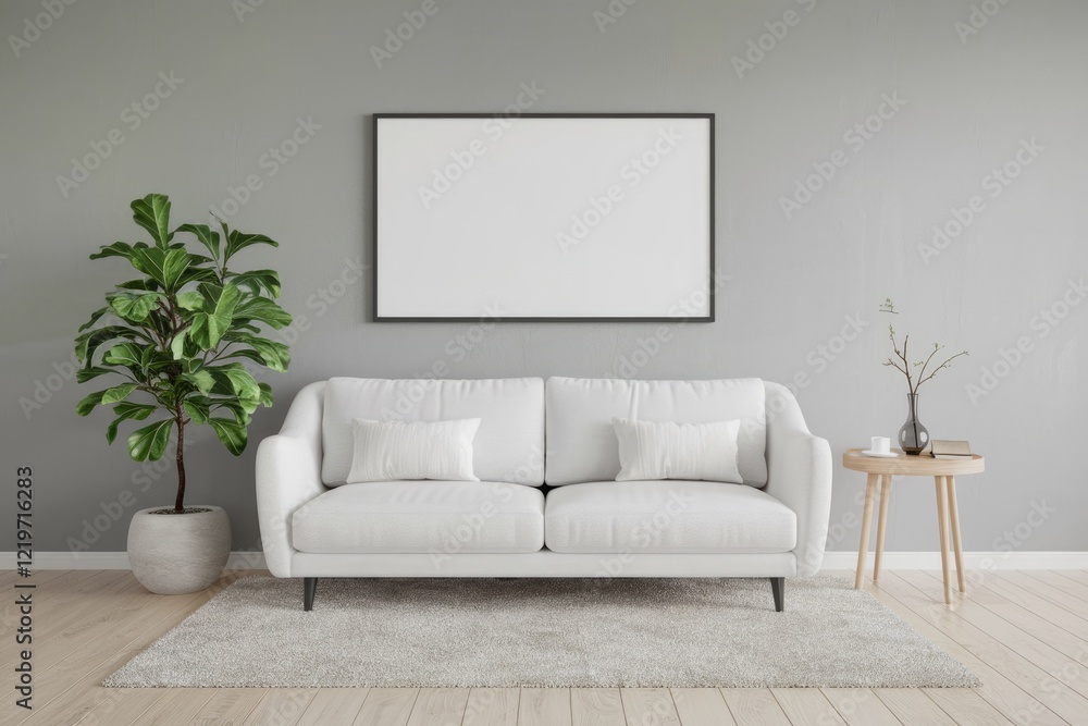 Fototapeta premium Minimalist living room with white sofa a potted plant and a framed artwork.