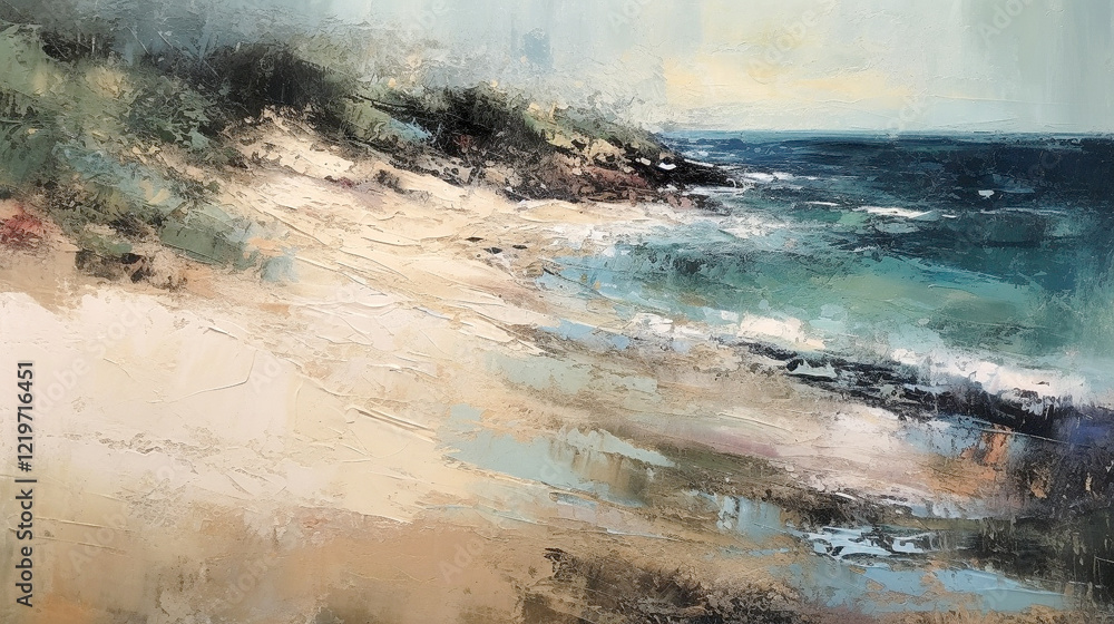 impressionism oil painting with thick impasto brush strokes of waves on a sandy beautiful beach with puffy clouds. using muted browns, blues, and white. impressionism oil painting with thick impasto brush strokes of waves on a sandy beautiful beach with puffy clouds. using muted browns, blues, and white.