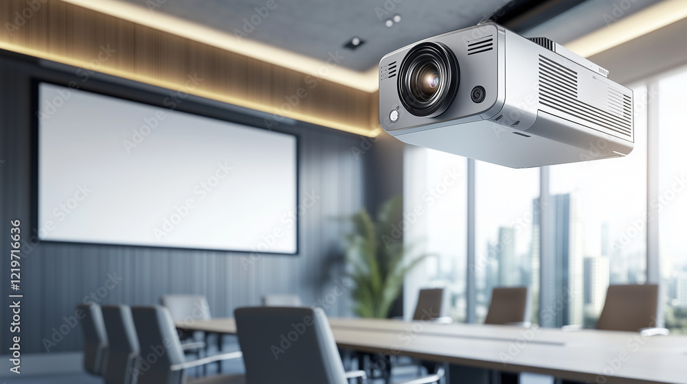 Naklejka premium professional projector mock-up with a soft beam of light, mounted on the ceiling of a modern corporate boardroom, clean and minimalist aesthetic, high-quality details. optimized for 4K resolution
