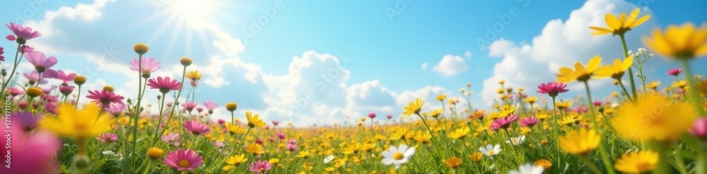 Colorful wildflowers stretching towards the sky, yellow, flowers, pink Colorful wildflowers stretching towards the sky, yellow, flowers, pink
