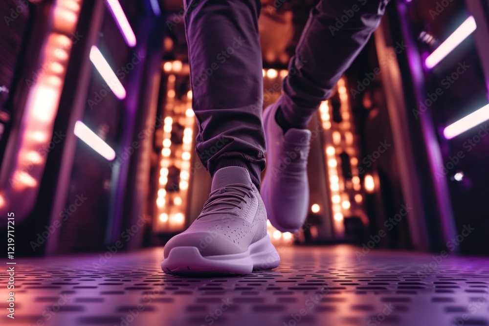 Fototapeta premium A close-up shot of a person's shoes on a tiled floor, ideal for use in interior design or lifestyle photography