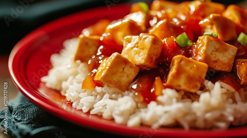 Image of a rice dish with tofu and sweet and sour sauce on a bright red plate, highlighting the tangy and flavorful sauce. Ideal for Asian cuisine lovers and recipe websites. photo