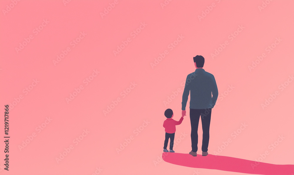 Minimalist illustration of a father and son on a pink background seen from behind. Father's Day concept. Copy space for text. Banner. Card. Poster. Minimalist illustration of a father and son on a pink background seen from behind. Father's Day concept. Copy space for text. Banner. Card. Poster.