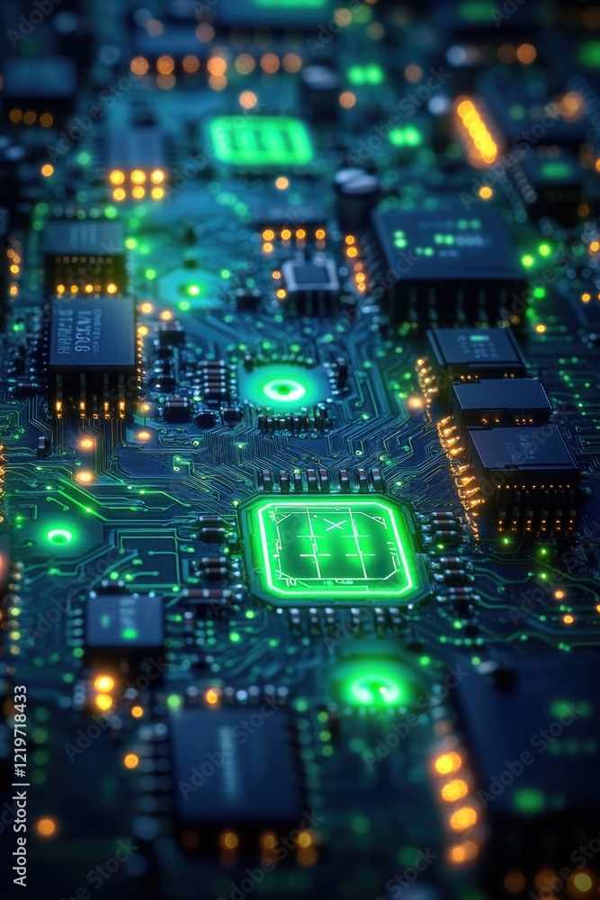 Close-up view of a circuit board with green indicator lights, suitable for technology and electronics-related themes Close-up view of a circuit board with green indicator lights, suitable for technology and electronics-related themes