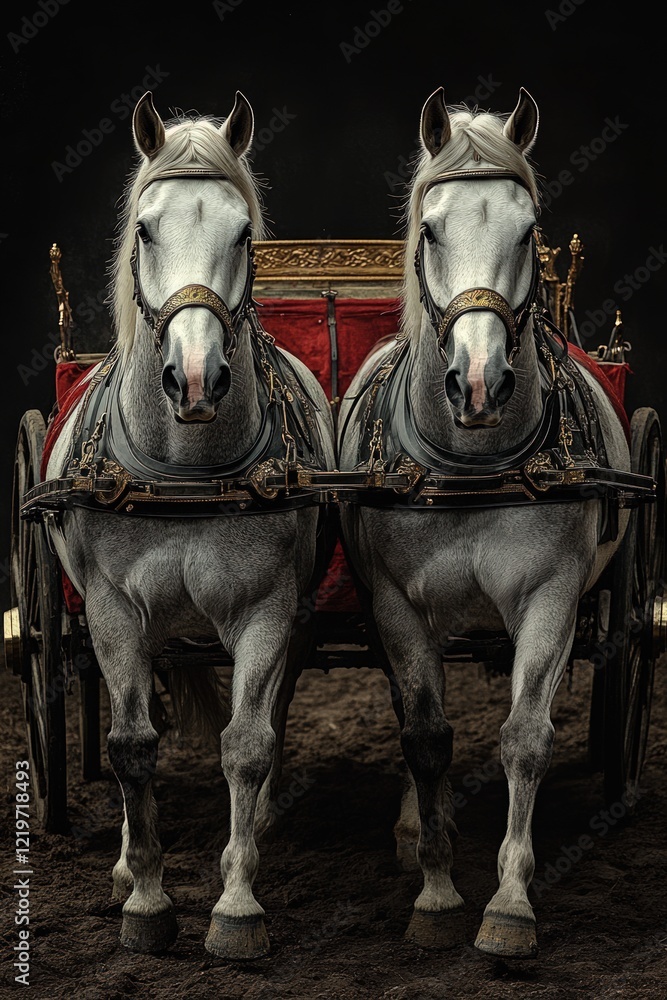 Two majestic white horses pulling ornate carriage. Two majestic white horses pulling ornate carriage.