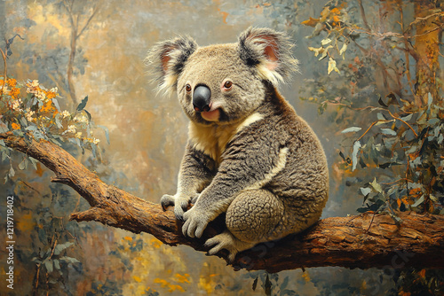 Koala Bear Sitting On A Tree Branch In Its Habitat photo