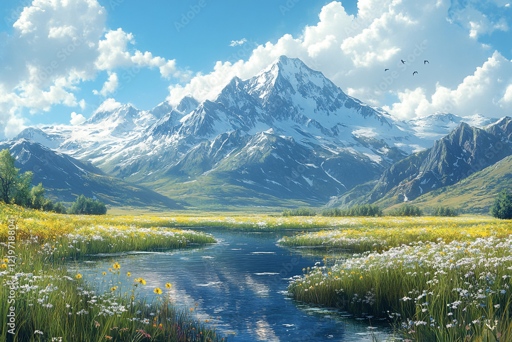 Fototapeta premium Serene Mountain Meadow Springtime Landscape