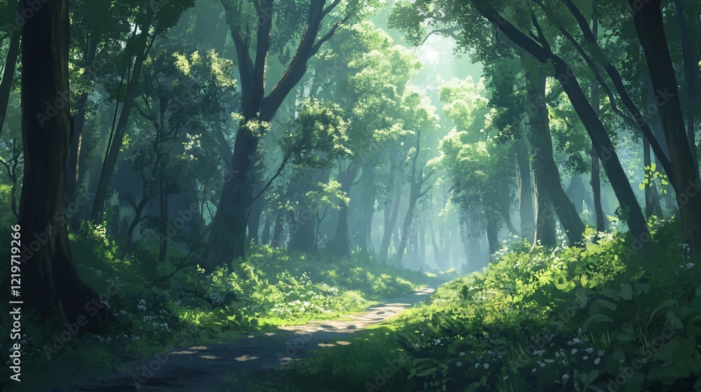 Obraz premium Sunlit Path Through Lush Forest: A Digital Painting