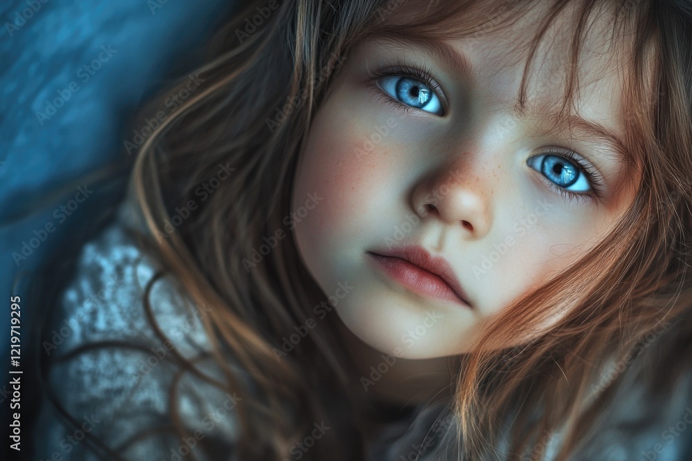 A close-up shot of a young child's face with bright blue eyes, highlighting their innocence and charm A close-up shot of a young child's face with bright blue eyes, highlighting their innocence and charm