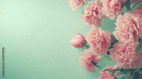 Fototapeta Naklejka Na Ścianę i Meble -  A blank greeting card mockup surrounded by a delicate frame of pink peonies on a soft pastel green background, offering ample copy space for holiday greetings like Valentine's Day or Mother's Day.