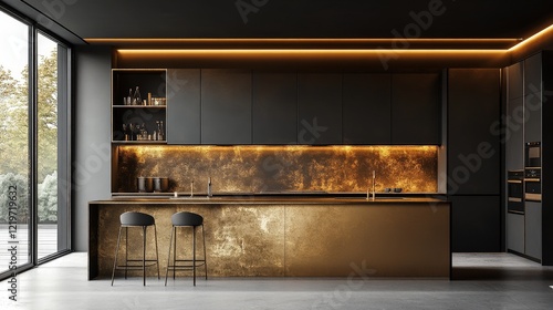 Wallpaper Mural A contemporary kitchen with golden accents and modern design. Suitable for interior design projects, luxury real estate listings, and home improvement ads. Torontodigital.ca