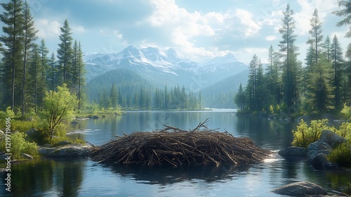 An immersive view of a giant beaver dam spanning a calm river in an Ice Age environment