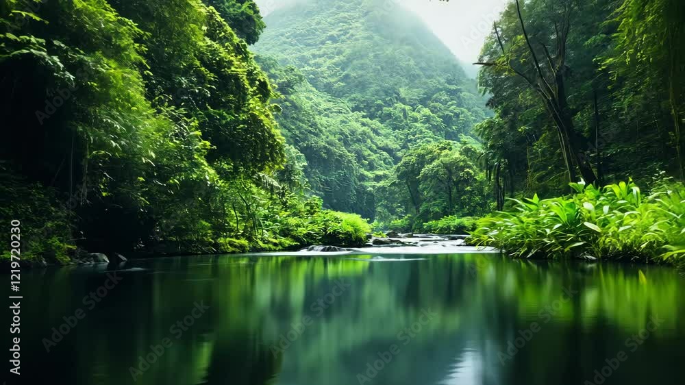 Serene tropical river flowing through lush green jungle scenery in tranquil nature Serene tropical river flowing through lush green jungle scenery in tranquil nature