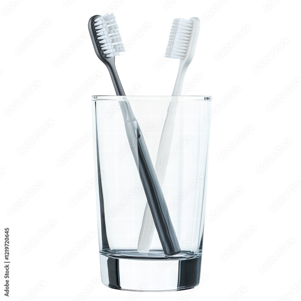 Isolated Black and White Toothbrushes in Glass Isolated Black and White Toothbrushes in Glass