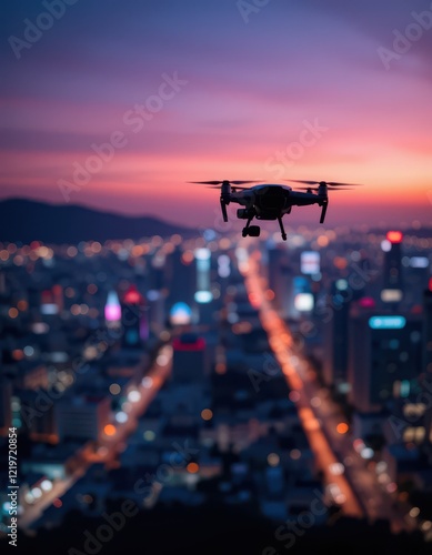 A drone flying over a city at night.