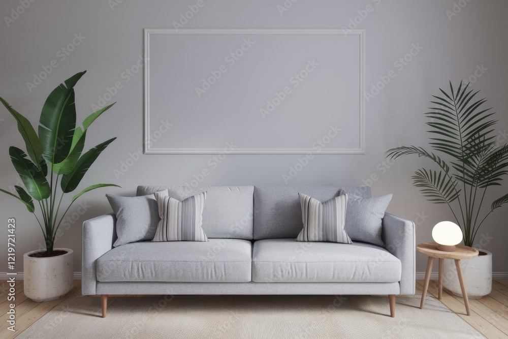 Fototapeta premium Minimalist living room with a grey sofa plants and a framed artwork.